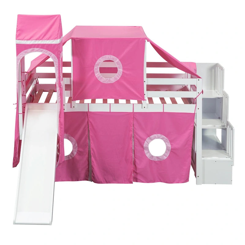Twin Loft Bed with Play Tent, Tower & Castle Design, Solid Wood Frame