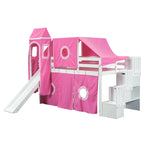 Twin Loft Bed with Play Tent, Tower & Castle Design, Solid Wood Frame