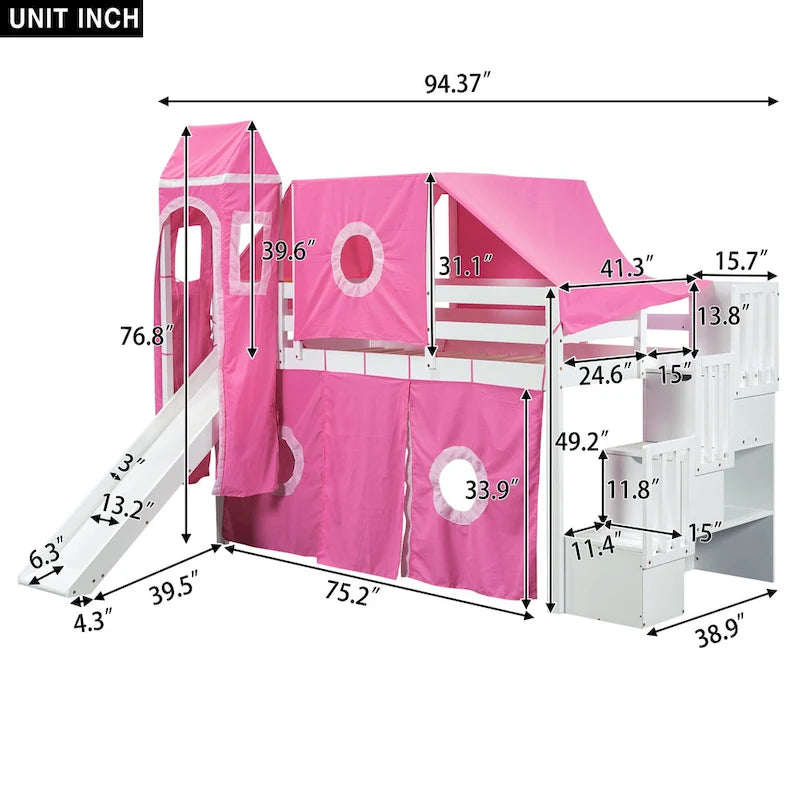 Twin Loft Bed with Play Tent, Tower & Castle Design, Solid Wood Frame