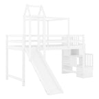 Twin Loft Bed with Play Tent, Tower & Castle Design, Solid Wood Frame