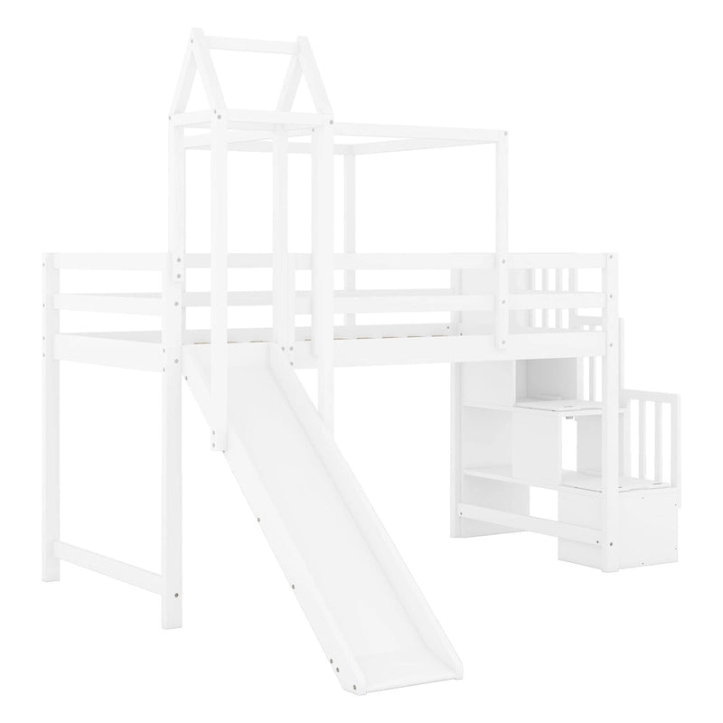 Twin Loft Bed with Play Tent, Tower & Castle Design, Solid Wood Frame