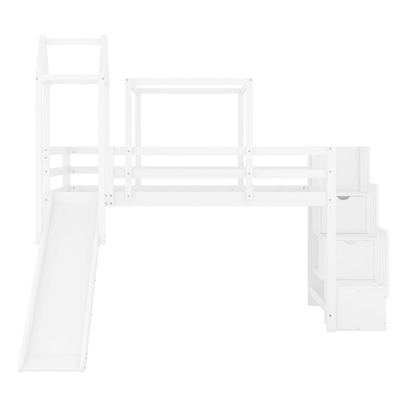 Twin Loft Bed with Play Tent, Tower & Castle Design, Solid Wood Frame