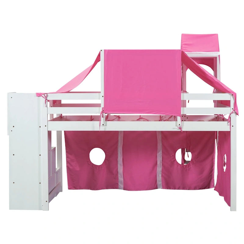 Twin Loft Bed with Play Tent, Tower & Castle Design, Solid Wood Frame