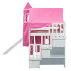 Twin Loft Bed with Play Tent, Tower & Castle Design, Solid Wood Frame