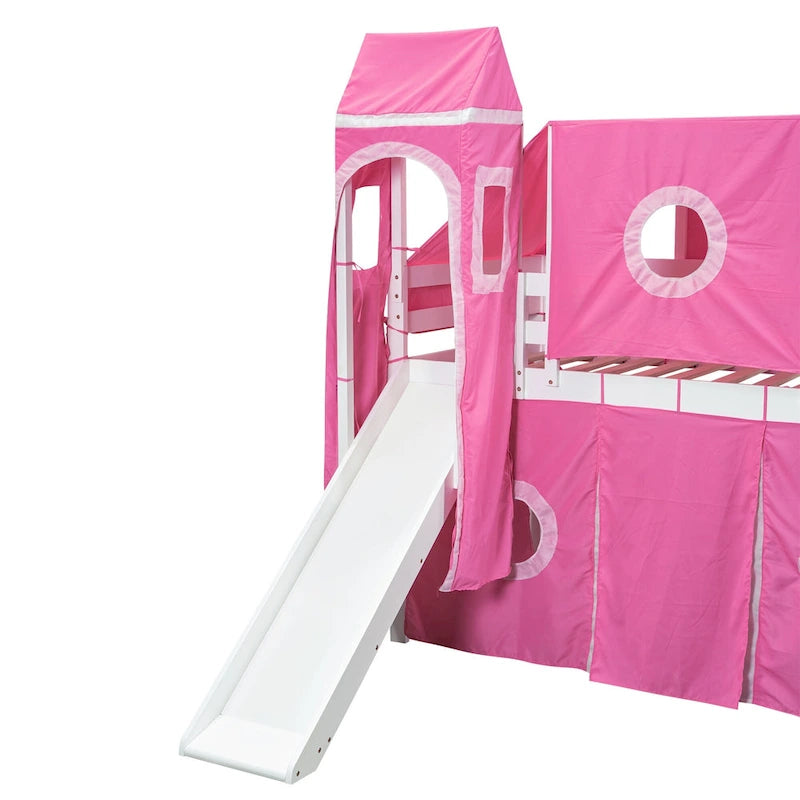 Twin Loft Bed with Play Tent, Tower & Castle Design, Solid Wood Frame
