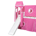 Twin Loft Bed with Play Tent, Tower & Castle Design, Solid Wood Frame