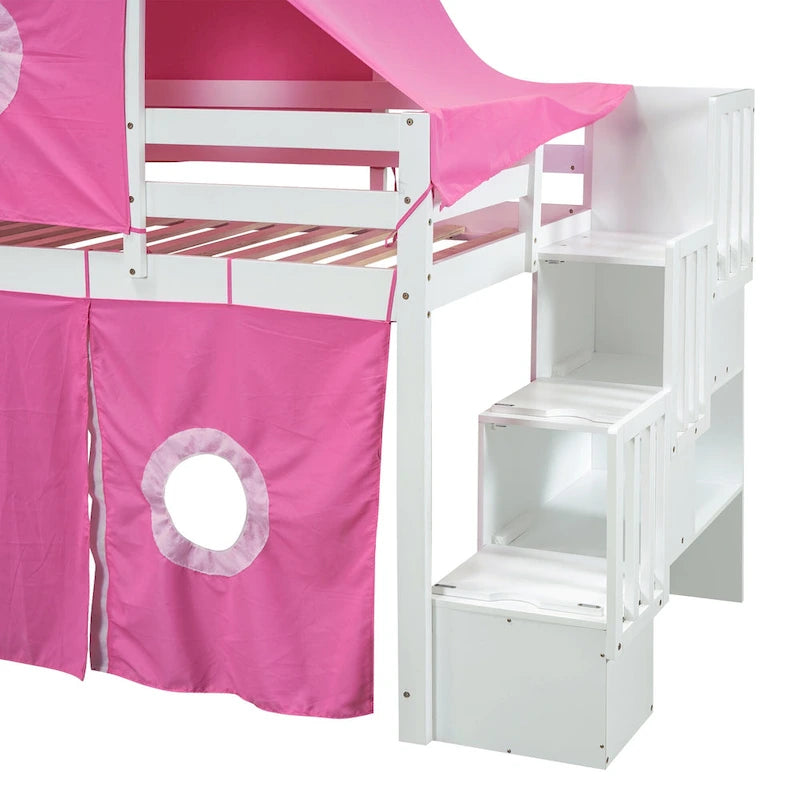 Twin Loft Bed with Play Tent, Tower & Castle Design, Solid Wood Frame