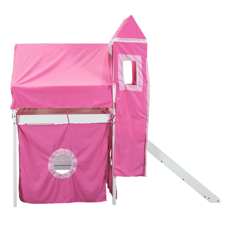 Twin Loft Bed with Play Tent, Tower & Castle Design, Solid Wood Frame