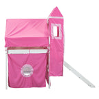 Twin Loft Bed with Play Tent, Tower & Castle Design, Solid Wood Frame