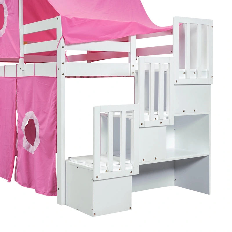 Twin Loft Bed with Play Tent, Tower & Castle Design, Solid Wood Frame