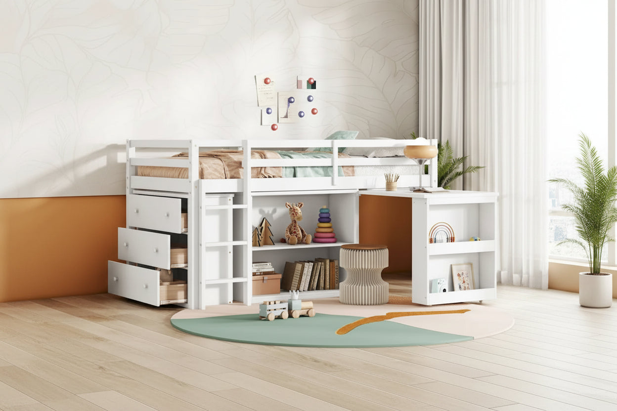 Twin Loft Bed w/ Stroage Case & Drawer Cabinet, Shelf Cabinet, Pulling - Out Desk, Rubber Wood Loft Bed w/ Ladder, White
