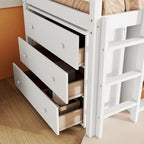 Twin Loft Bed w/ Stroage Case & Drawer Cabinet, Shelf Cabinet, Pulling - Out Desk, Rubber Wood Loft Bed w/ Ladder, White