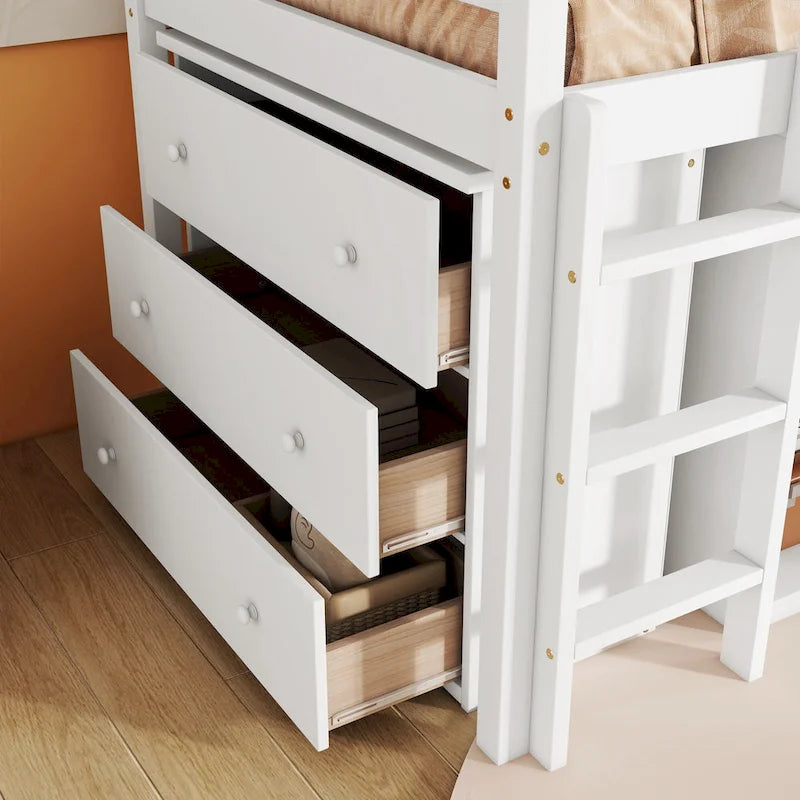 Twin Loft Bed w/ Stroage Case & Drawer Cabinet, Shelf Cabinet, Pulling - Out Desk, Rubber Wood Loft Bed w/ Ladder, White
