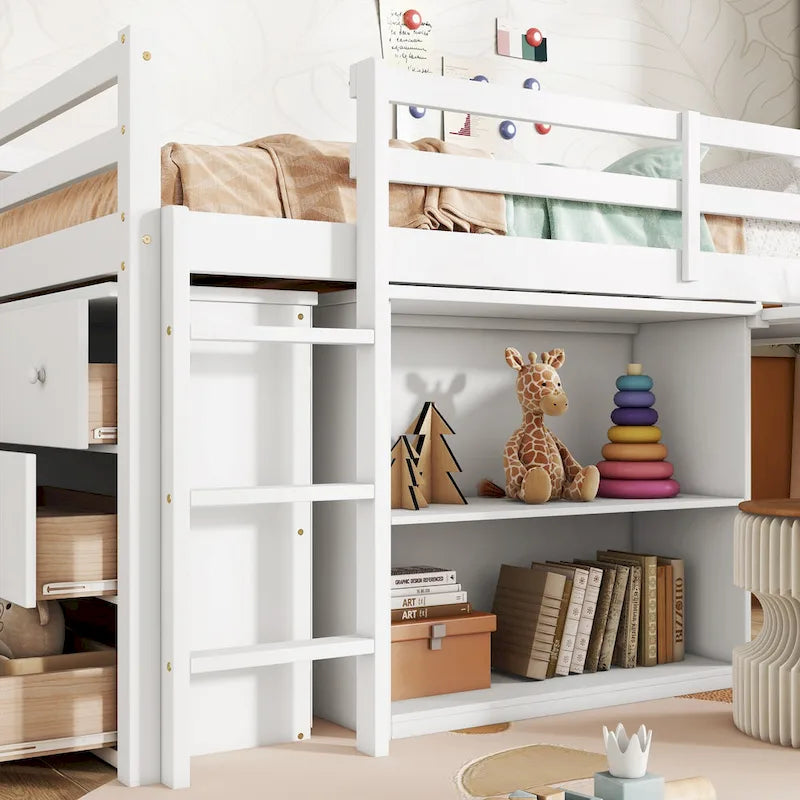 Twin Loft Bed w/ Stroage Case & Drawer Cabinet, Shelf Cabinet, Pulling - Out Desk, Rubber Wood Loft Bed w/ Ladder, White