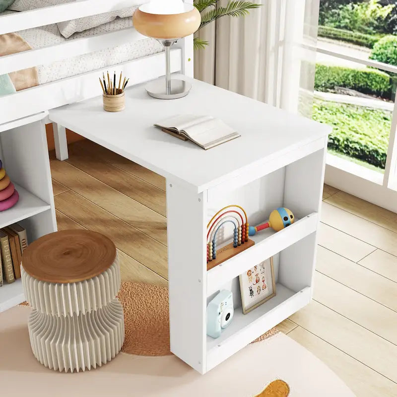 Twin Loft Bed w/ Stroage Case & Drawer Cabinet, Shelf Cabinet, Pulling - Out Desk, Rubber Wood Loft Bed w/ Ladder, White