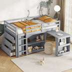 Twin Loft Bed w/ Stroage Case & Drawer Cabinet, Shelf Cabinet, Pulling - Out Desk, Rubber Wood Loft Bed w/ Ladder, White