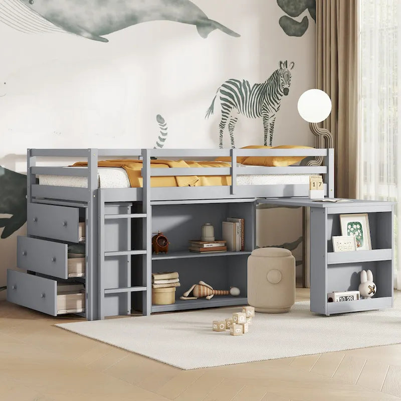 Twin Loft Bed w/ Stroage Case & Drawer Cabinet, Shelf Cabinet, Pulling - Out Desk, Rubber Wood Loft Bed w/ Ladder, White