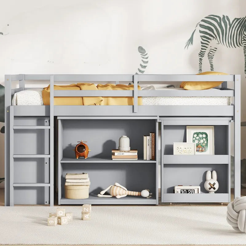 Twin Loft Bed w/ Stroage Case & Drawer Cabinet, Shelf Cabinet, Pulling - Out Desk, Rubber Wood Loft Bed w/ Ladder, White