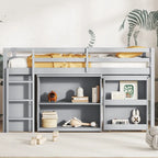 Twin Loft Bed w/ Stroage Case & Drawer Cabinet, Shelf Cabinet, Pulling - Out Desk, Rubber Wood Loft Bed w/ Ladder, White