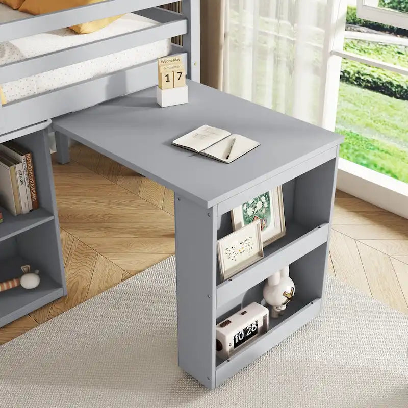 Twin Loft Bed w/ Stroage Case & Drawer Cabinet, Shelf Cabinet, Pulling - Out Desk, Rubber Wood Loft Bed w/ Ladder, White