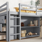 Twin Loft Bed w/ Stroage Case & Drawer Cabinet, Shelf Cabinet, Pulling - Out Desk, Rubber Wood Loft Bed w/ Ladder, White