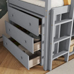 Twin Loft Bed w/ Stroage Case & Drawer Cabinet, Shelf Cabinet, Pulling - Out Desk, Rubber Wood Loft Bed w/ Ladder, White