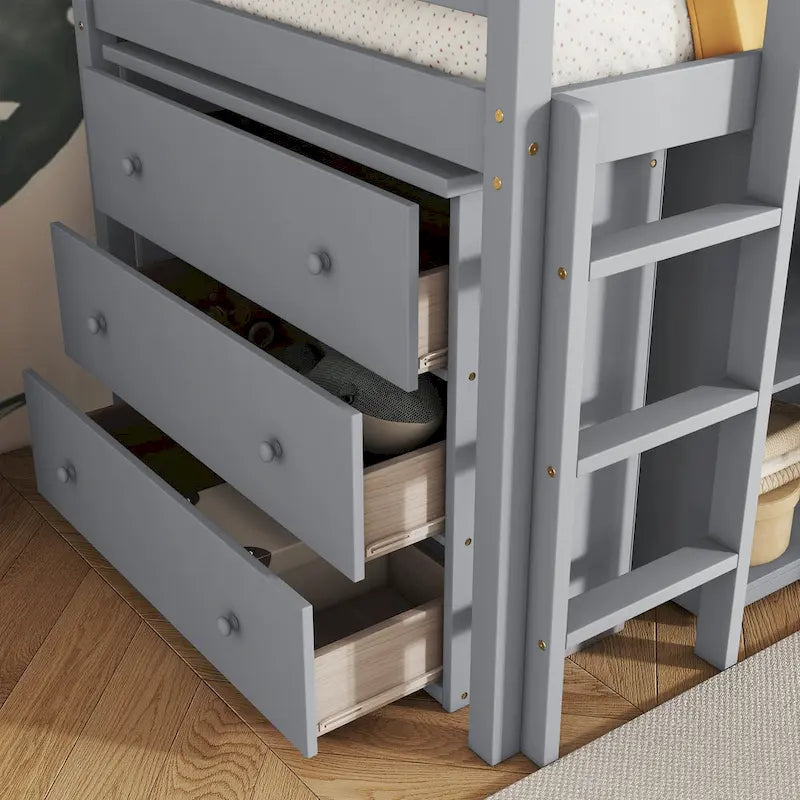 Twin Loft Bed w/ Stroage Case & Drawer Cabinet, Shelf Cabinet, Pulling - Out Desk, Rubber Wood Loft Bed w/ Ladder, White