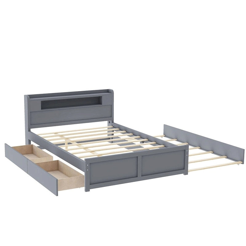 Queen Size Wood Storage Platform Bed with LED