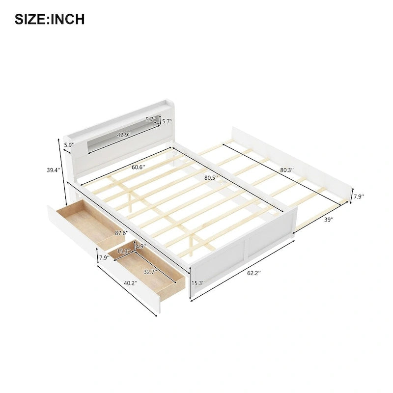 Queen Size Wood Storage Platform Bed with LED