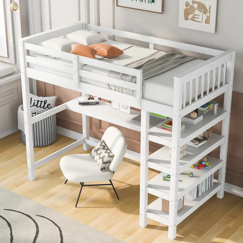 Twin Size Loft Bed with Storage Shelves and Under-Bed Desk