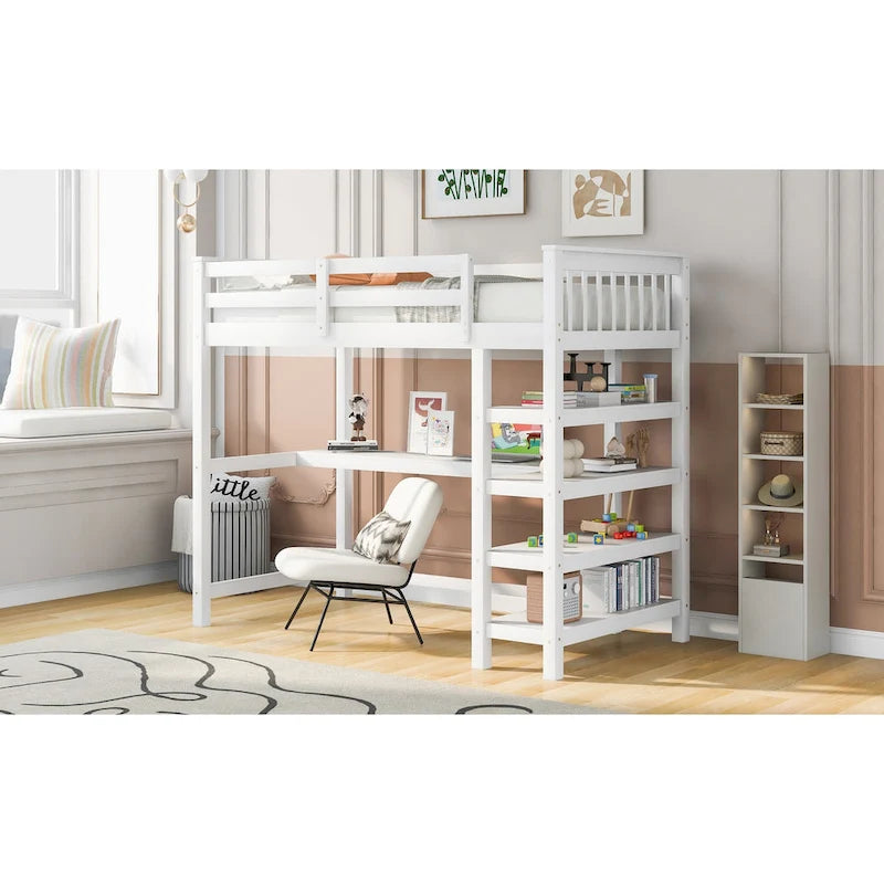 Twin Size Loft Bed with Storage Shelves and Under-Bed Desk