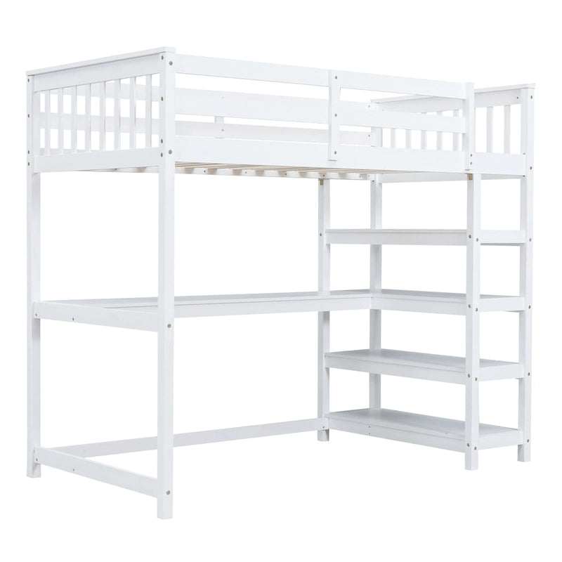 Twin Size Loft Bed with Storage Shelves and Under-Bed Desk