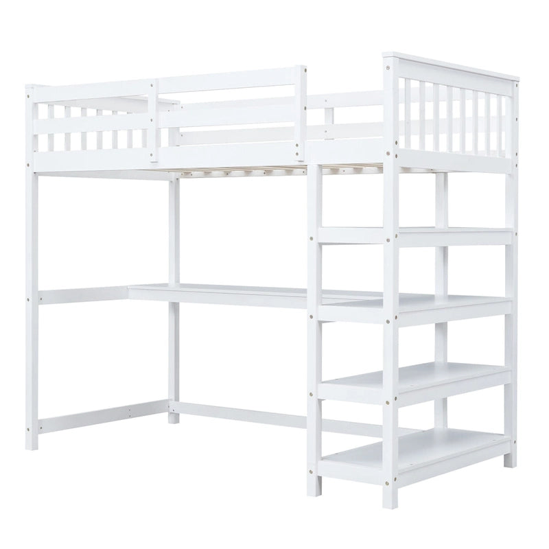 Twin Size Loft Bed with Storage Shelves and Under-Bed Desk