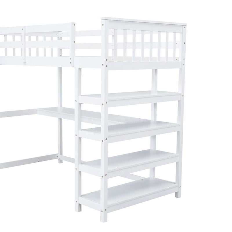 Twin Size Loft Bed with Storage Shelves and Under-Bed Desk