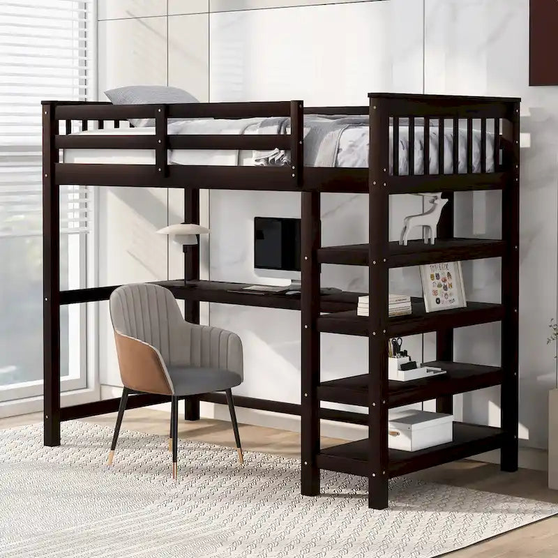Twin Size Loft Bed with Storage Shelves and Under-Bed Desk