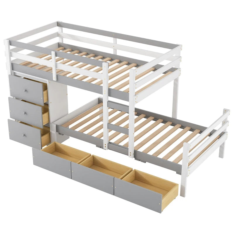 Twin Over Twin Loft Bunk Bed with Drawers and Ladder, Easy Assembly