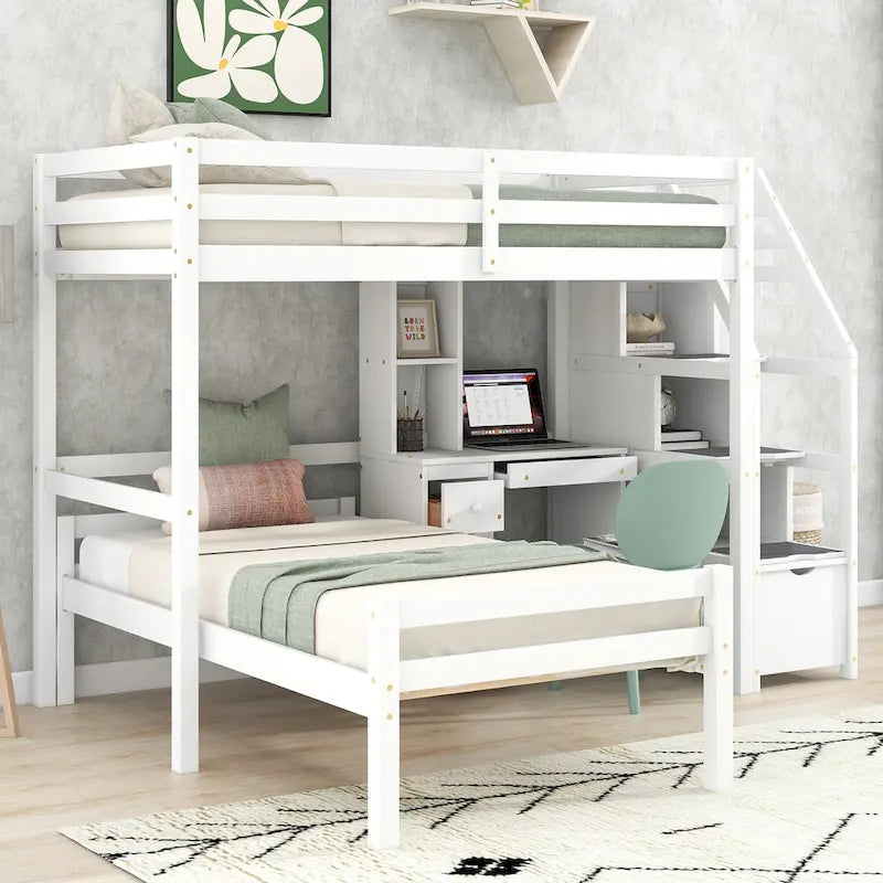 Twin Size Loft Bed with a Stand-alone Bed, Storage Staircase, Desk, Shelves and Drawers, Gray