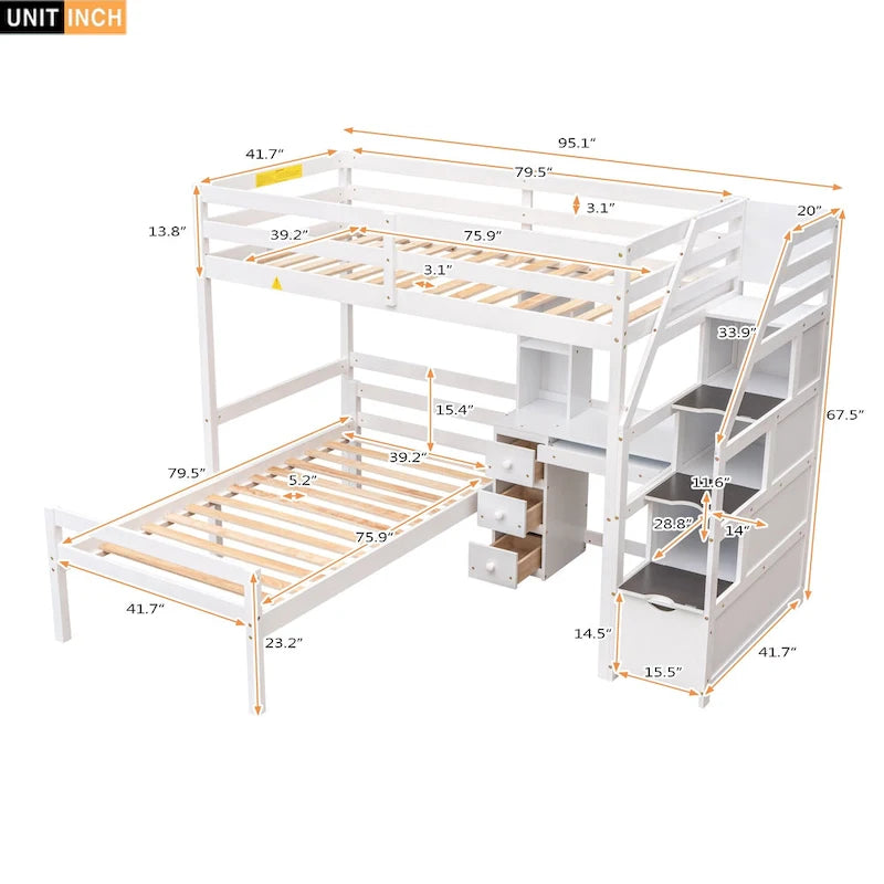 Twin Size Loft Bed with a Stand-alone Bed, Storage Staircase, Desk, Shelves and Drawers, Gray