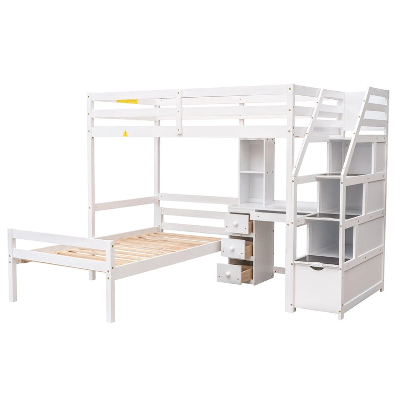 Twin Size Loft Bed with a Stand-alone Bed, Storage Staircase, Desk, Shelves and Drawers, Gray