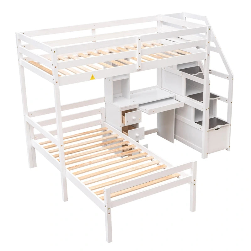 Twin Size Loft Bed with a Stand-alone Bed, Storage Staircase, Desk, Shelves and Drawers, Gray