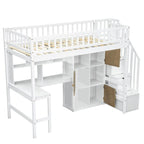 Twin Size Loft Bed with Bulit-in Desk, LED Light and Storage Staircase, Wooden Loft Bedframe with Storage Shelves and Cabinets