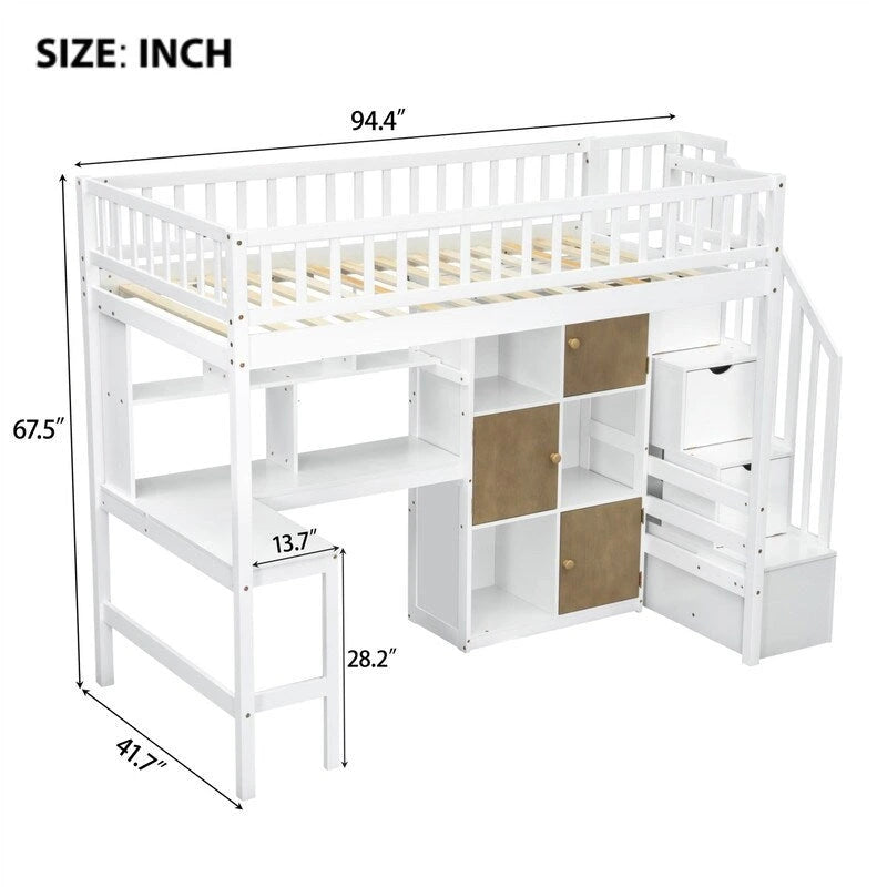 Twin Size Loft Bed with Bulit-in Desk, LED Light and Storage Staircase, Wooden Loft Bedframe with Storage Shelves and Cabinets