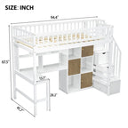 Twin Size Loft Bed with Bulit-in Desk, LED Light and Storage Staircase, Wooden Loft Bedframe with Storage Shelves and Cabinets