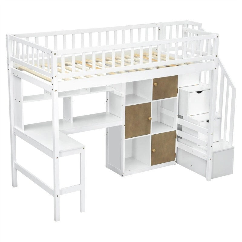 Twin Size Loft Bed with Bulit-in Desk, LED Light and Storage Staircase, Wooden Loft Bedframe with Storage Shelves and Cabinets