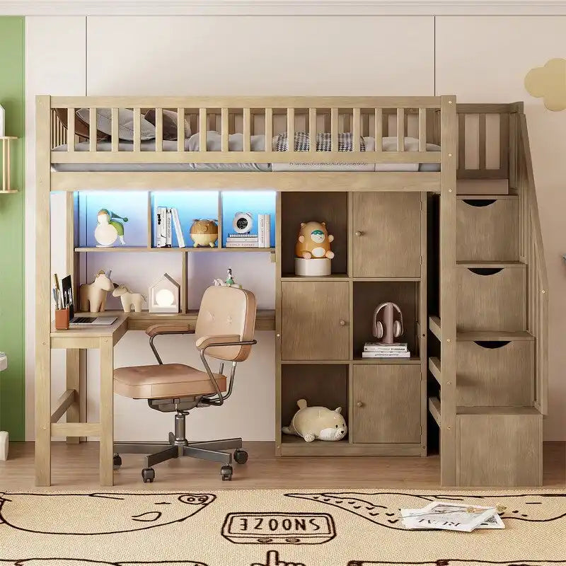 Twin Size Loft Bed with Bulit-in Desk, LED Light and Storage Staircase, Wooden Loft Bedframe with Storage Shelves and Cabinets