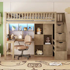 Twin Size Loft Bed with Bulit-in Desk, LED Light and Storage Staircase, Wooden Loft Bedframe with Storage Shelves and Cabinets