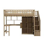 Twin Size Loft Bed with Bulit-in Desk, LED Light and Storage Staircase, Wooden Loft Bedframe with Storage Shelves and Cabinets