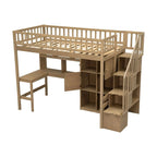 Twin Size Loft Bed with Bulit-in Desk, LED Light and Storage Staircase, Wooden Loft Bedframe with Storage Shelves and Cabinets