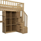 Twin Size Loft Bed with Bulit-in Desk, LED Light and Storage Staircase, Wooden Loft Bedframe with Storage Shelves and Cabinets