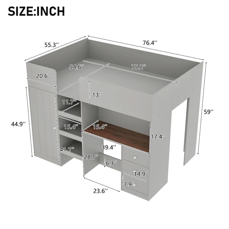 Full Size Wood Loft Bed with Built-in Wardrobe, Desk, Storage Shelves and Drawers, Beige